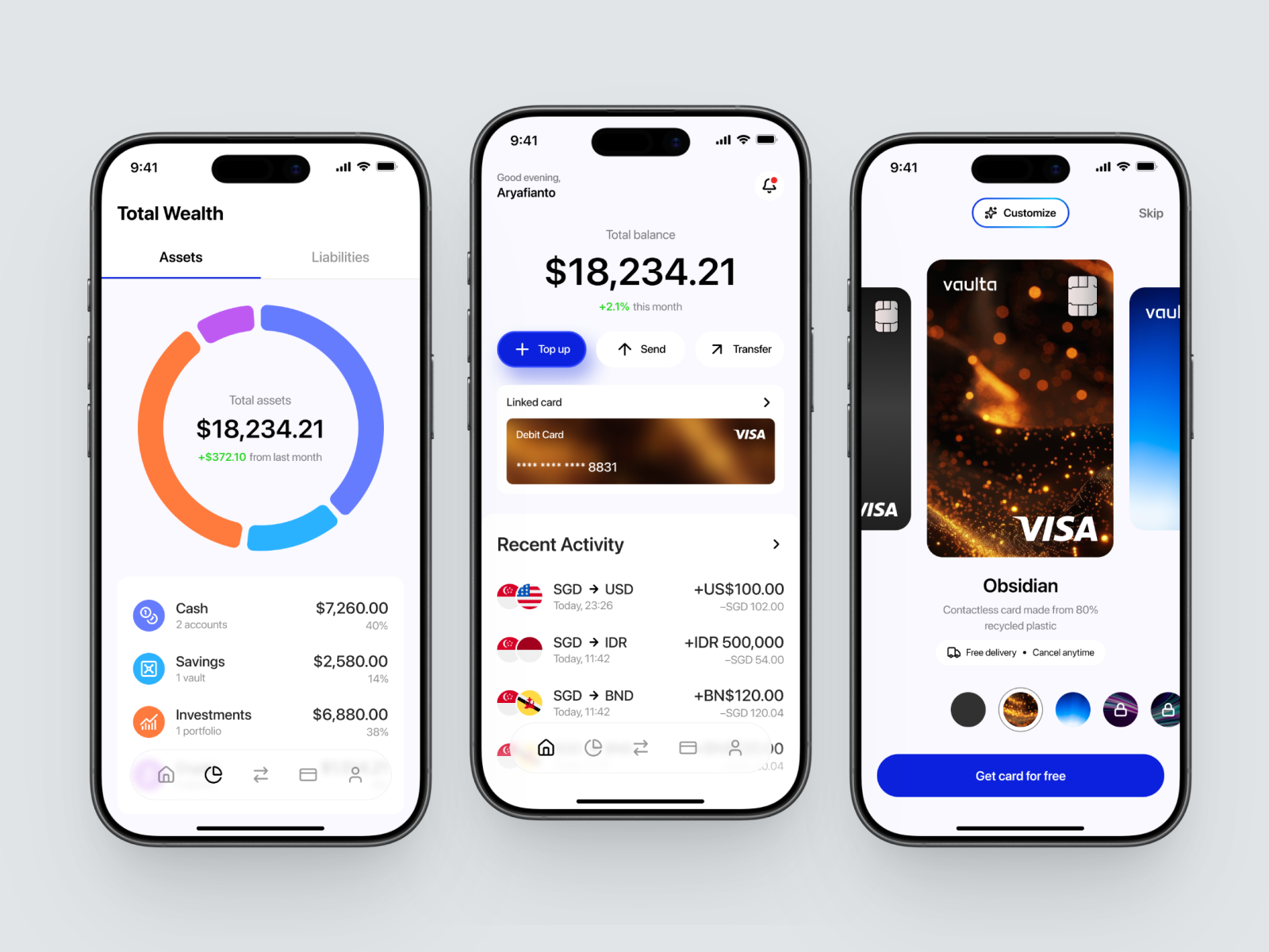 Vaulta Finance App — Wealth Dashboard & Card Customization card clean dashboard finance fintech ios minimal mobile app product design ui design wallet wealth