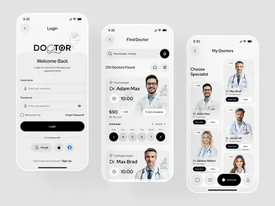 Doctor Booking App – Find Doctor & Healthcare Appointment UI app design appointment app appointment scheduling app ux clinic app doctor app doctor appointment app doctor appointment app ui doctor booking find doctor app ux healthcare app healthtech ios app design medical app medical ui mobile mobile app product design telemedicine app ui design uiux