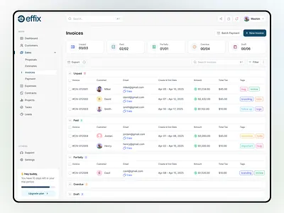 Effix CRM - Invoices adding analytic billing billing crm create invoice crm invoice invoice management invoice page invoice status mangement crm money new invoice product design saas tracking transaction ui uiux webapp