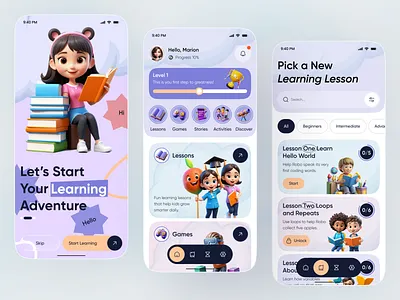 Kids Learning App UI — Gamified Education & Interactive Lessons 3d illustration app app design design edtech education app friendly ui gamification illustration ios kids app kids education kids ui learning app mobile mobile app ui ui design
