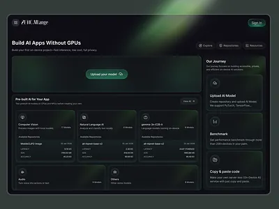 Build AI Apps Without GPUs ai ai benchmark model hub ai inference without the cloud ai machine learning analytics dashboard artificial intelligence dark mode dashboard ui data visualization developer tools edge ai futuristic ui gpu free ai gpu free ai development platform no gpu required on device ai run ai anywhere. no gpus startup tech product web app