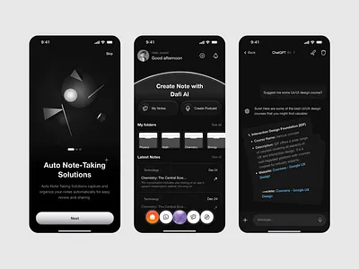 AI Auto Note-Taking App - Dafi AI Mobile UI Design ai chatbot note taking app ai note taking app ui ai productivity app ui animation app app design education app interface education app ui design ios app design mobile mobile app ui mobile note taking app ux modern dark ui design product design productivity mobile app design saas app smart study app ui ux design study app