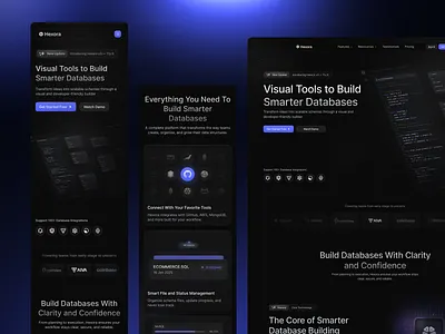 Hexora - Home Mobile Responsive b2b software cloud database dark mode database schema enterprise app landing landing page design product design productivity software saas app saas database saas design saas landing page saas tools saas web saas website schema builder system design web database builder web design