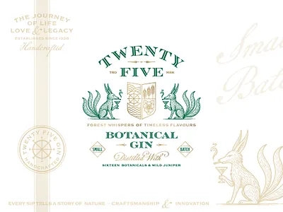 Twenty Five - Botanical Gin botanical brand identity branding coat of arms crest distillery engraving etching fox logo gin graphic design hand drawn illustration logo logo design sophisticated typeface typography vector vintage