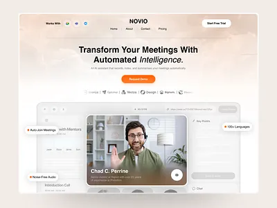 AI Meeting Assistant Website ✦ Novio AI ai ai assistance ai landing page ai website design design service meeting ai meeting assistance meeting note redesign saas video call video calling software web web design website website redesign