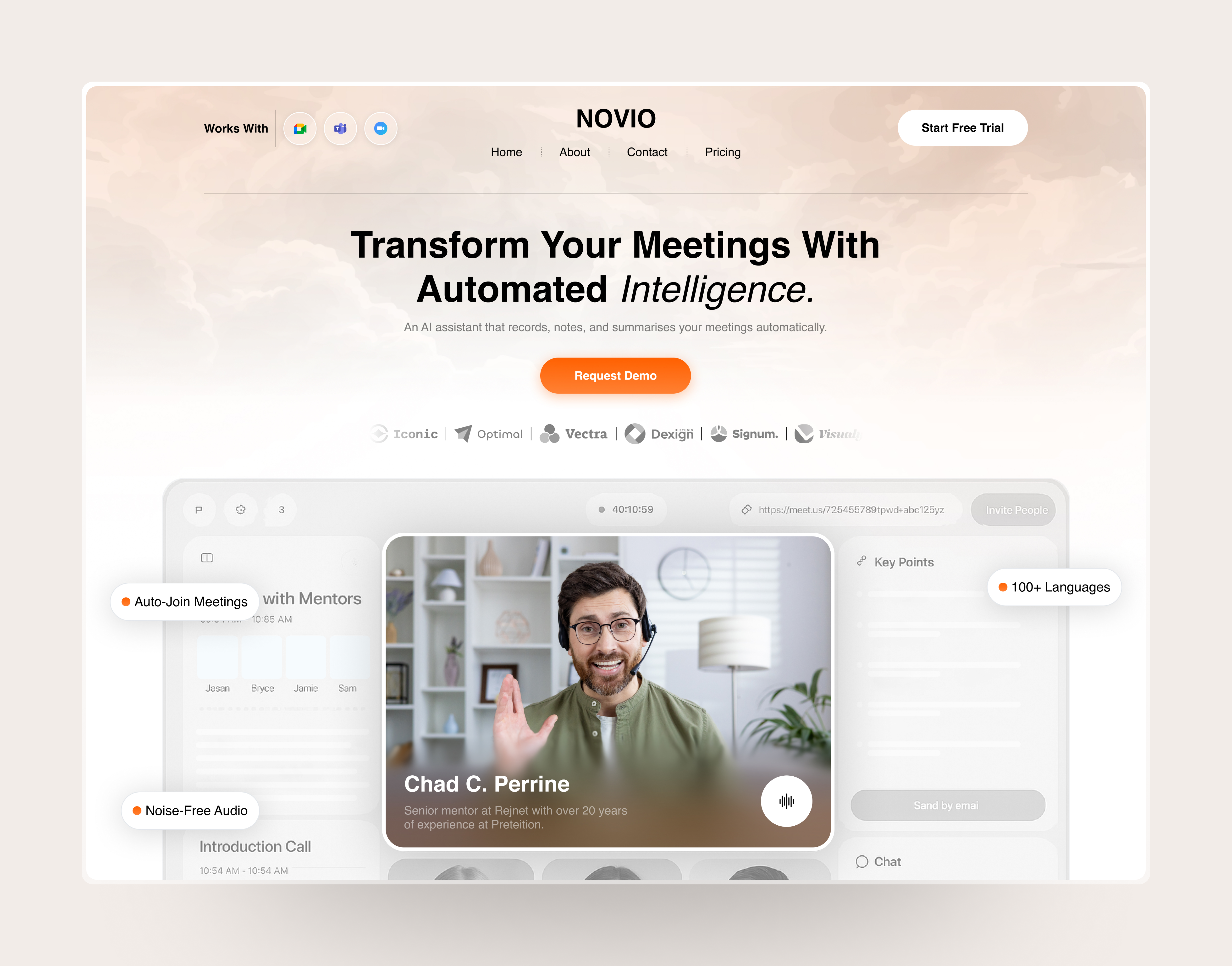 Example of AI Meeting Assistant Website ✦ Novio AI