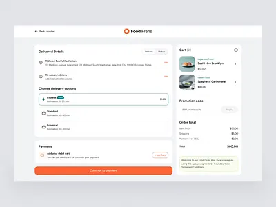 Food Delivery Checkout Page azzahri button card checkout clean code dashboard details food graphic design minimalist order ordered pages pay payment promo section ui ux