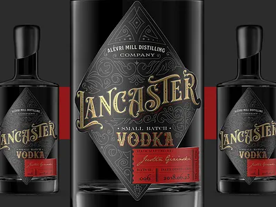 Lancaster Vodka Label Design adobe illustrator alcohol packaging black packaging bottle label branding gold foil graphic design heritage design illustration label design minimalist packaging packaging design premium packaging product design retro design spirit label typography vintage design visual identity vodka label