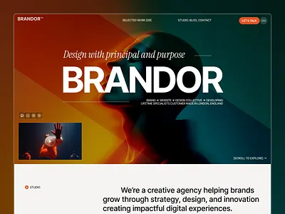 Brandor // Design with Principle & Purpose agency website branding creative agency dark mode digital studio figma gradient hero section landing page minimalist modern interface typography ui design ux visual identity web design web layout website concept