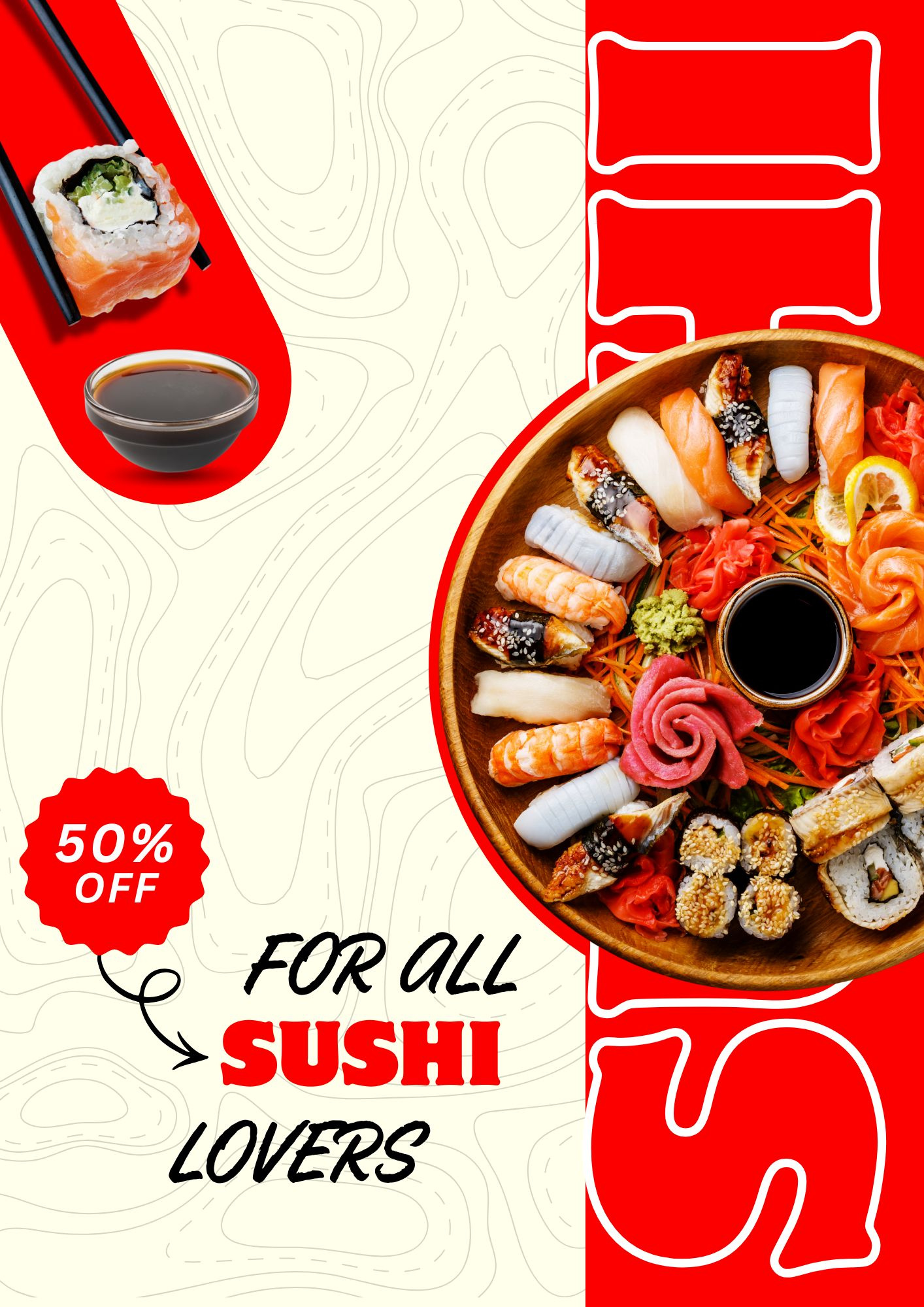 Sushi Poster on Canva automations branding business owners canva canvadesign canvadesigner canvaexpert canvapro captivatingdesign design gohighlevel highconversion illustration kajabi landing page restaurant smes sushi sushi place ui