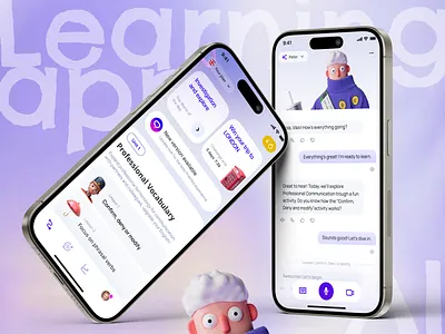 AI-powered language learning app 3d 3d characters 3d illustration ai ai tutor app design artificial intelligence character design concept design cute characters edtech friendly ui language learning mobile app product design ui ux ui