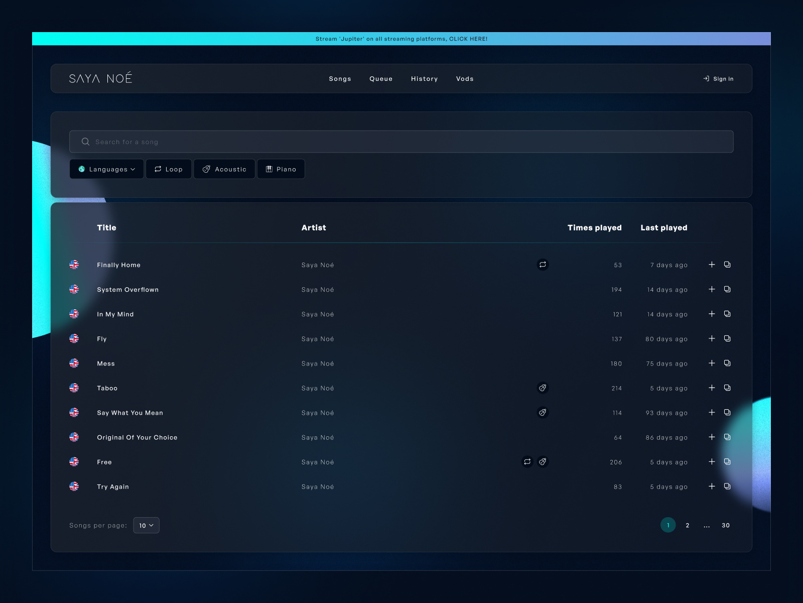 Saya Noé Songlist. - Twitch music streamer Web Design figma music streamer twitch ui ui design ux ux design web design webdesign website