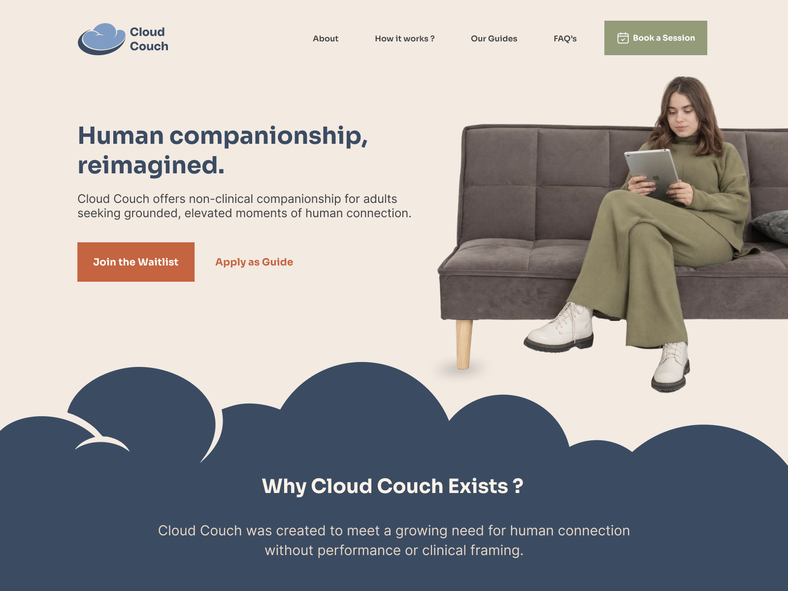 Cloudcouch website companionship earth tones landing page non clinical online therapym therapy ui design website