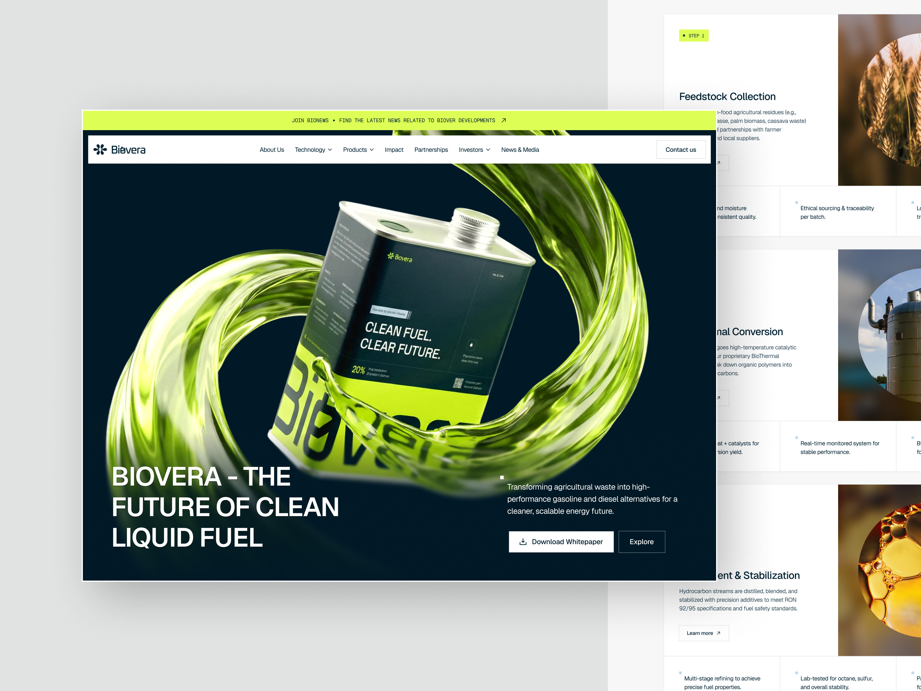 Biovera — Clean Fuel Bioenergy Landing Page bioenergy brand experience clean design clean energy corporate website energy industry environmental design fuel gas green energy green technology landing page marketing website modern ui startup website sustainable fuel ui design ux design web design website concept