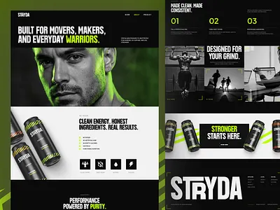Stryda - Bold Masculine Energy Drink Shop Website - About Page awwwards beverage branding company profile dark website ecommerce elegant energy drink energy drink website landing page luxury minimalist modern product design shopify ui web design website website design website designer