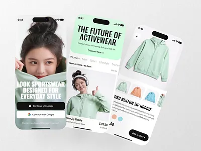 Modern Sportswear Shopping App — Mobile activewear appdesign cleanui clothingstore concept ecommerce fashionapp figma interactiondesign iosdesign lifestyle minimalist mobileapp productdesign retailapp shoppingapp sportswear trendy uiux userinterface