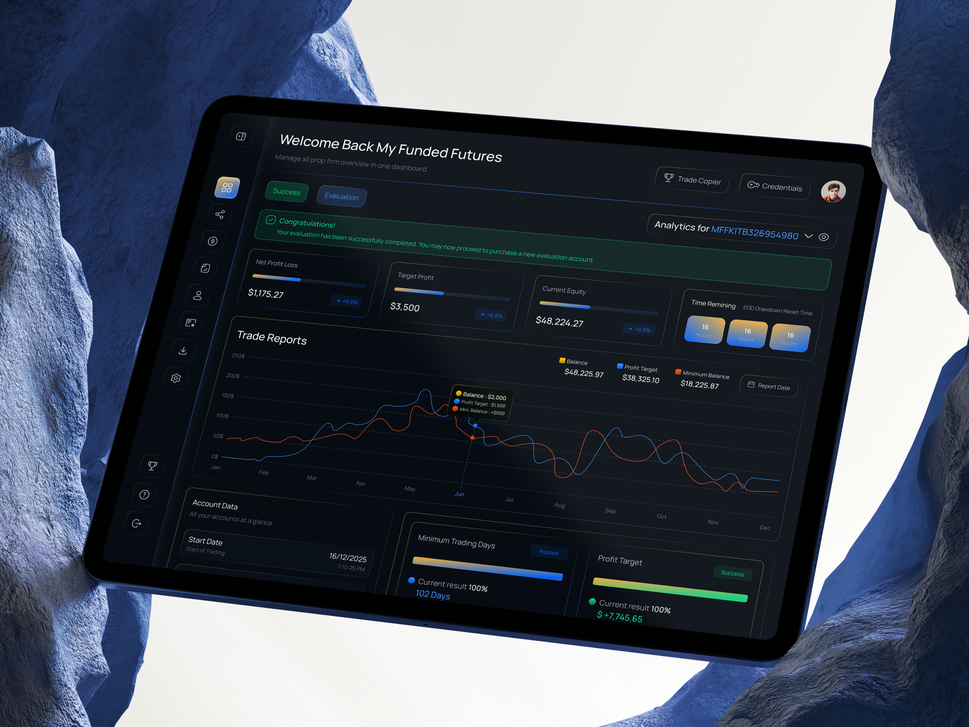 Prop Firm Evaluation Dashboard blockchain crypto dashboard crypto ui dashboard design fintech redesign forex trading forex trading ui funding challenge investment app prop firm dashboard prop firm platform prop trading trading dashboard trading evaluation trading platform trading web app uiux web design web3design webapp design