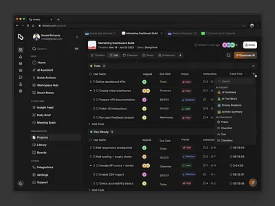 AI-powered Task Management Dashboard ai assistant ai dashboard artifical intelligence dark mode dashboard design yow details modal product design productivity productivity app project management saas saas dashboard task dashboard task management ui design user interfaces ux design web app