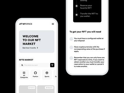 NFT Market app black branding graphic design market minimal nft product design ui uxui wireframes