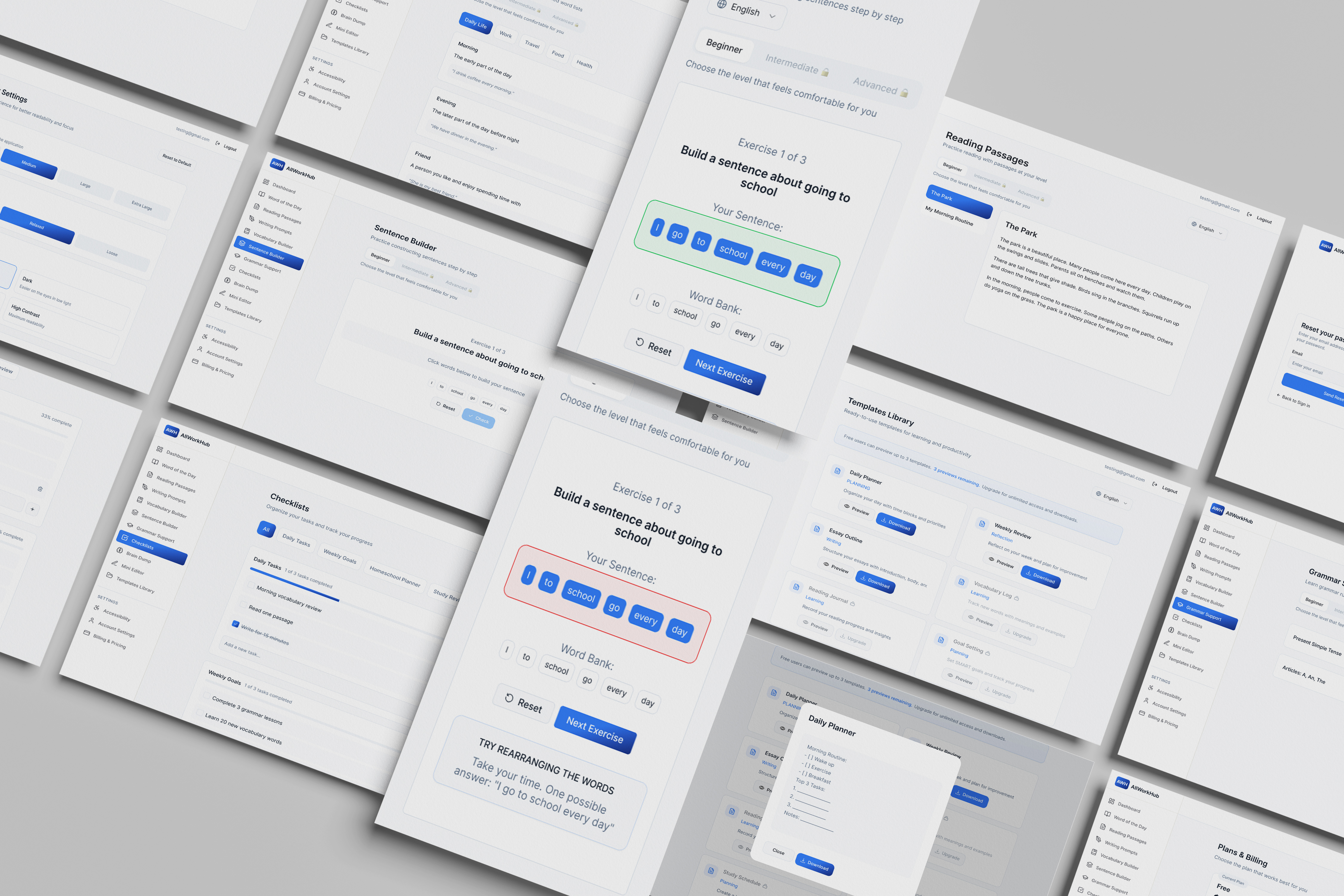 All Work Hub (SaaS) academic ai platform answer generator authentication screens dashboard educational platform graphic design learning tool saas ui ux rsearch