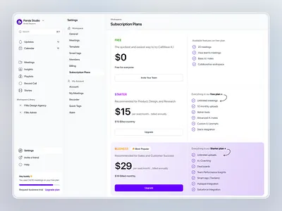 CallWave – Subscription Plans Dashboard ai meeting assistant ai productivity call recording collaboration tool conversation intelligence dashboard design google meet integration meeting intelligence meeting management meeting notes modern saas product design productivity app remote work saas dashboard team collaboration ui ux design web app design workflow automation zoom integration
