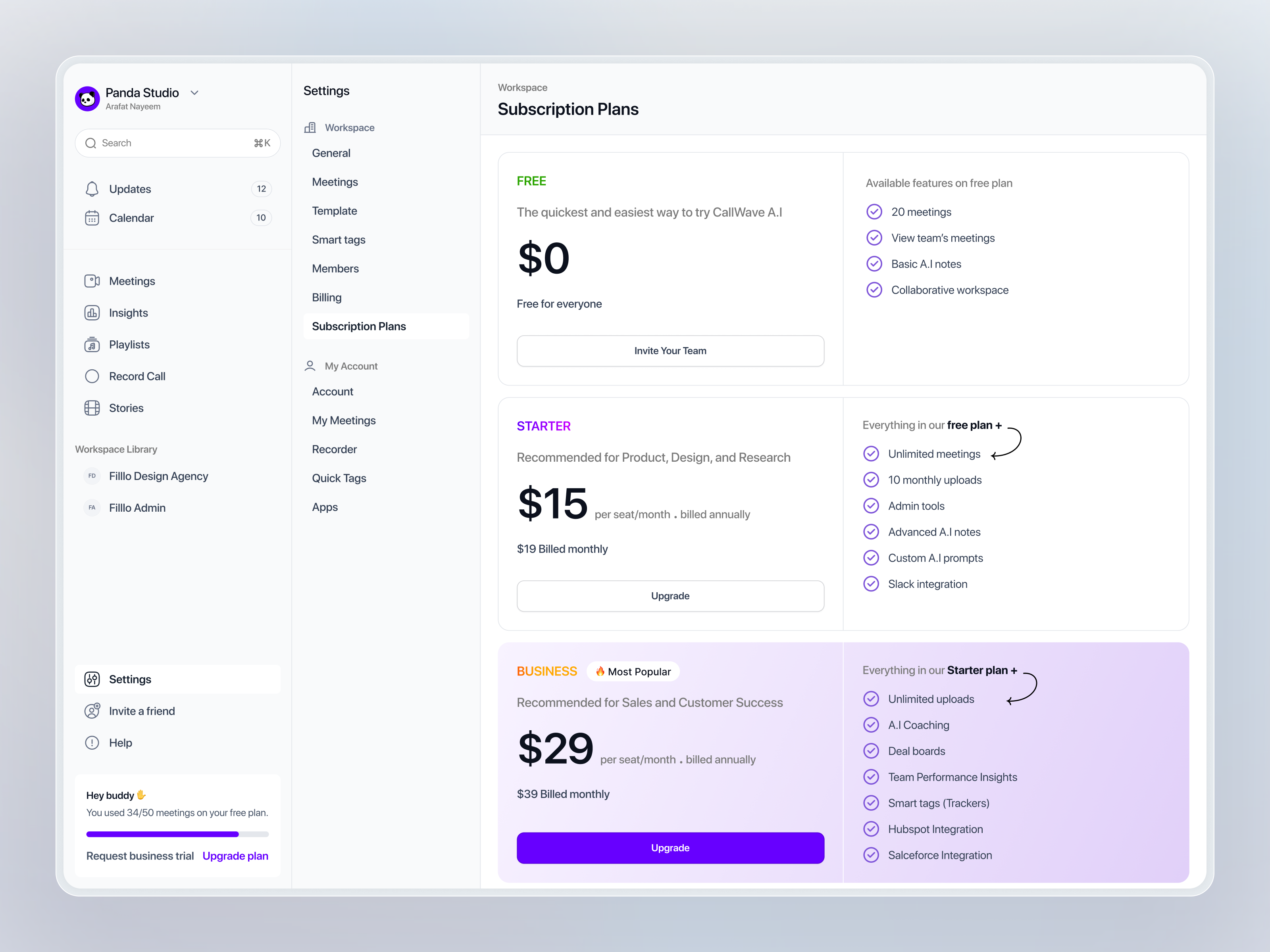 Example of CallWave – Subscription Plans Dashboard