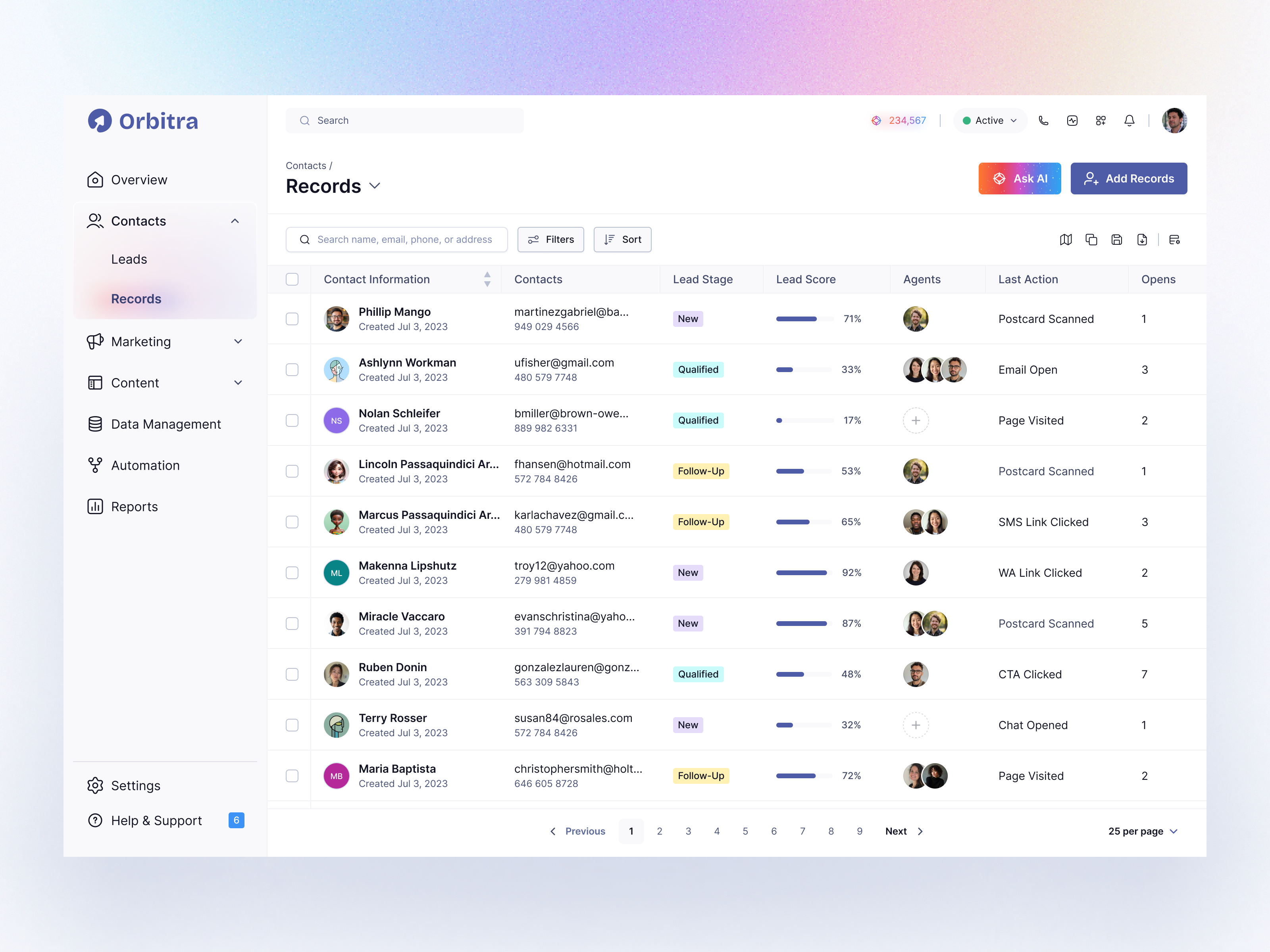 Example of Orbitra CRM – Contact Records & Lead Intelligence Dashboard