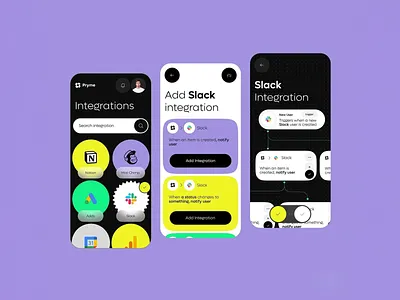 Integrations Manager Mobile UI app design automation cards colorful ui dark mode google integrations mailchimp mobile app node based ui notion product design productivity saas slack ui ui design ux ux design workflow