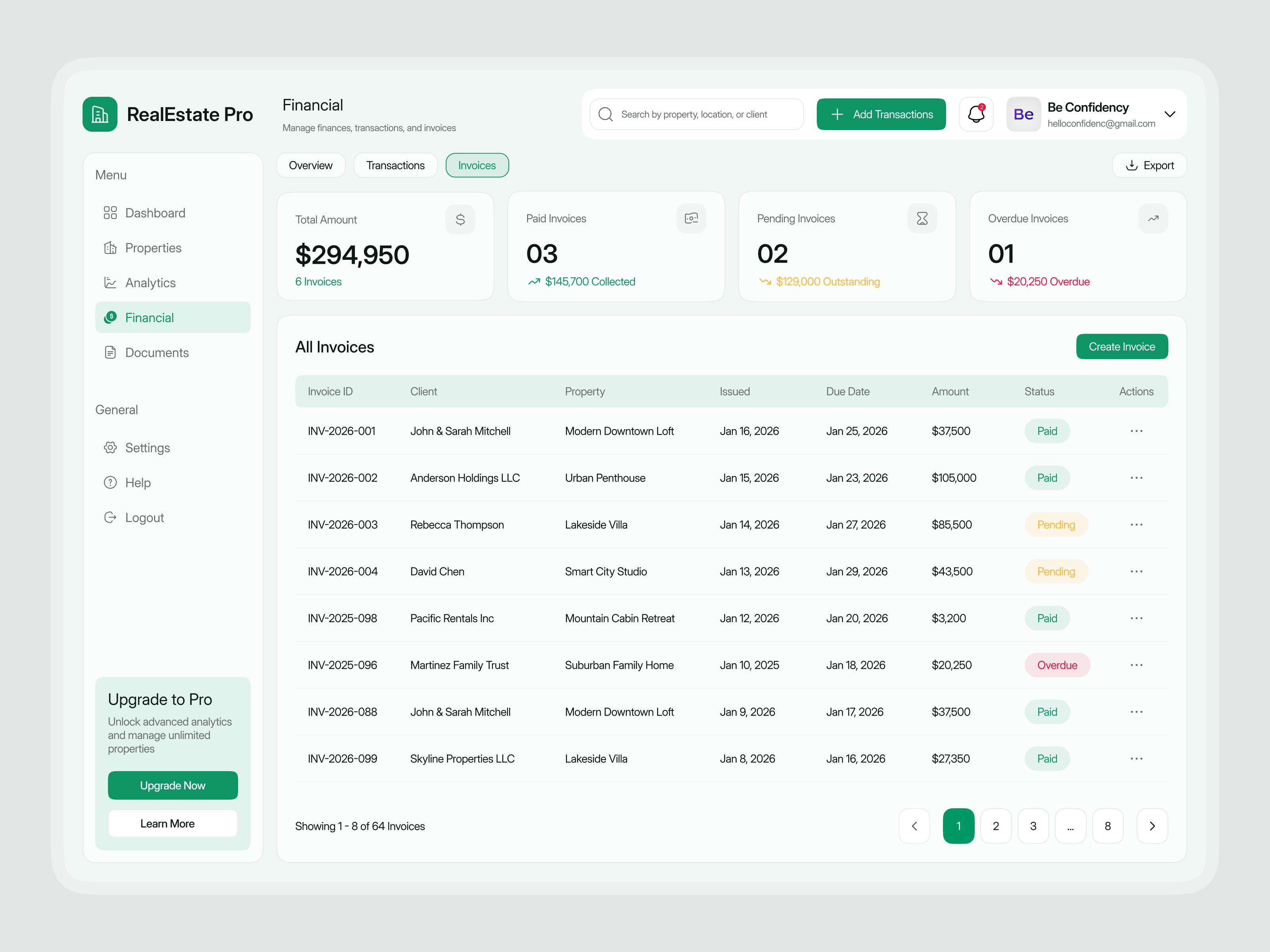 Financial - Transaction & Invoice Dashboard for Real Estate interface product service startup ui ux web