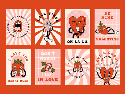 Groovy retro Valentines posters card cartoon character creative market cute day design groovy happy heart illustration love mascot pink poster retro romantic valentine valentines vintage