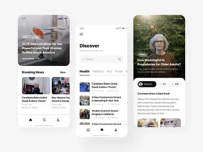 News Reader Mobile App android design app design card ui content app daily news dark mode feed design information design ios design lifestyle app media ui minimal design mobile app mobile ui news app news reader typography ui design ux design visual hierarchy