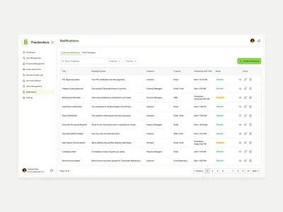 Notification Management Center | FractionAcre admindashboard clean ui customercommunication fractionacre illustration internaltools investmentplatform mobile app notificationcenter notifications productdesign productops proptech saasdesign uidesign uxdesign webappdesign