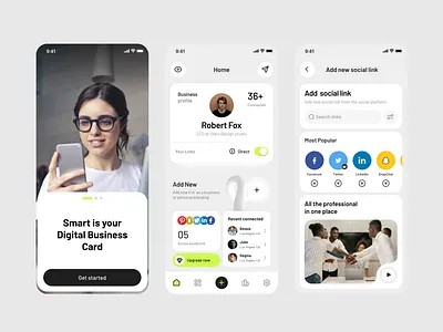 Digital Business Card & Social Link App | Mobile UI Design animation app app design clean app interface digital business card app light mode mobile ui link in bio app ui minimal mobile app ui minimal professional app design mobile mobile product design modern mobile app ui design modern ui ux design personal branding app product design professional profile app design social link app ui
