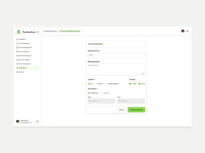 Create Notification Form | FractionAcre app clean ui design fractionacre illustration investmentplatform messagingui mobile app notificationbuilder notifications productdesign productops proptech saasdesign ui uidesign uxdesign webappdesign