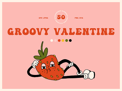 Groovy retro Valentines day set branding cartoon character collection creative market cute design groovy happy heart illustration love mascot pattern pink retro romantic sexy valentines day vibe