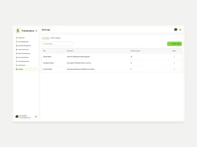 Admin Roles Settings | FractionAcre accesscontrol accessmanagement admindashboard adminroles fractionacre internaltools investmentplatform productdesign proptech saasdesign settings uidesign uxdesign webappdesign