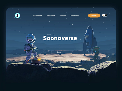 Soonaverse Website Design 3d animated illustration animation arnold astronaut c4d cartoonish 3d style character character design crypto illustration marketplace nfts space space ship token exchange ui 3d illustration ui animation web