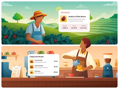 Brewly - Coffee Recipe App Illustration ☕️ app concept app illustration barista brew cafe clean coffee coffee illustration coffee plantation coffee recipe flat illustration illustration minimal modern recipe app ui ui design ui exploration vector warm color palette