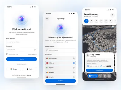 AI Travel Planner Mobile App – Smart Trip Setup & Itinerary UI ai app ai powered ai travel app ai travel planner app app design ios itinerary itinerary app login screen login ui map based app mobile mobile app sign in travel app travel planner trip planner trip setup ux design
