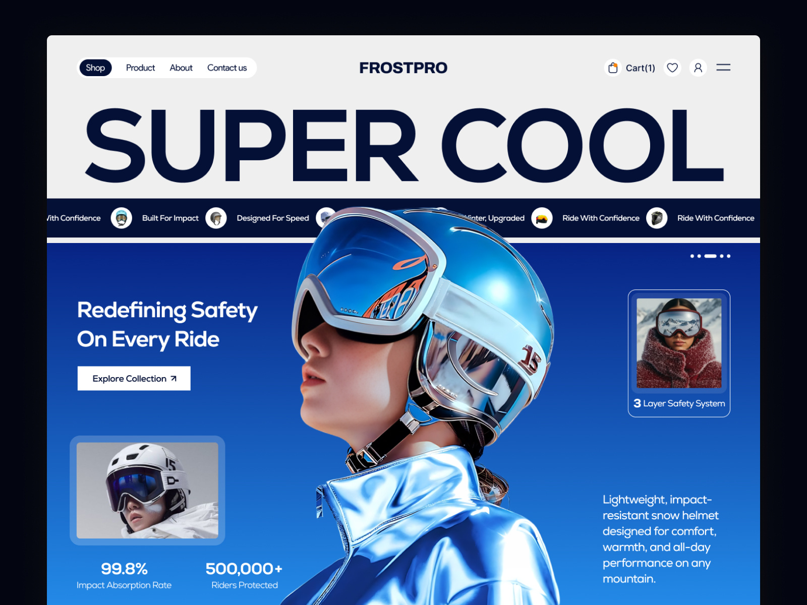 Modern Snow Sports Helmet Ecommerce Website Concept blue branding development ecommerce hero section ecommerce website frozen helmet hero section hero uiux modern helmet ui shopify website snow sports sports website techwitpro webflow website winter sports wordpress