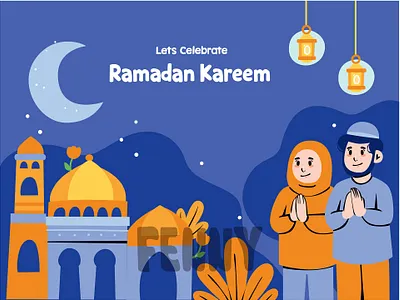 A Woman and a Man Standing in Front of a Mosque affection arab arabic background cartoon celebration culture event fasting greeting islam islamic kareem moslem muslim prayer ramadan religion religious tradition