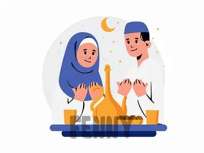 A Man and Woman Breaking the Fast affection arab arabic background cartoon celebration culture event fasting greeting islam islamic kareem moslem muslim prayer ramadan religion religious tradition