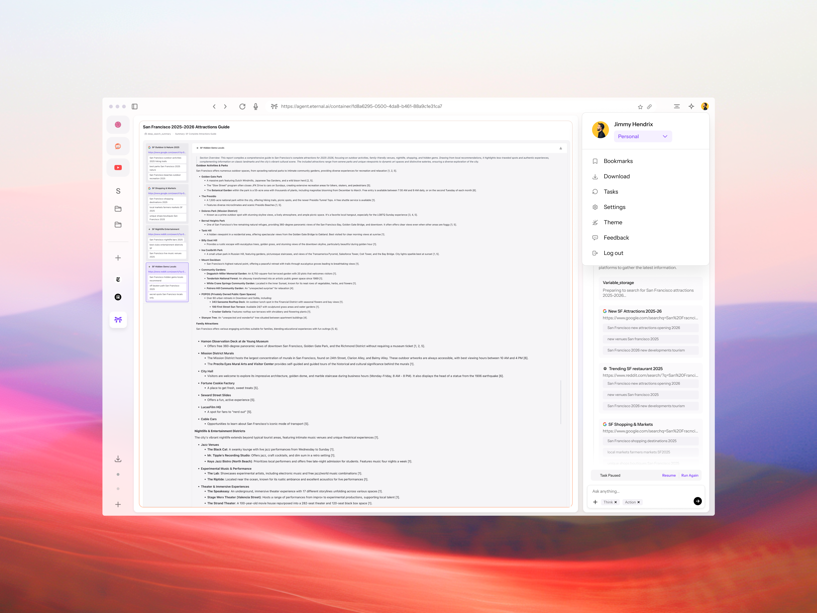 menu - eternal ai browser design ui ux web