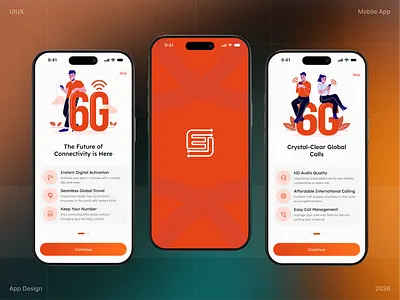 6G Telecom App Onboarding UI 6g android app app presentation clean ui communication app esim app fintech ui global calling ios app design minimal ui mobile app design modern app ui network app onboarding screen orange ui startup app technology app telecom app ui ux design voip app