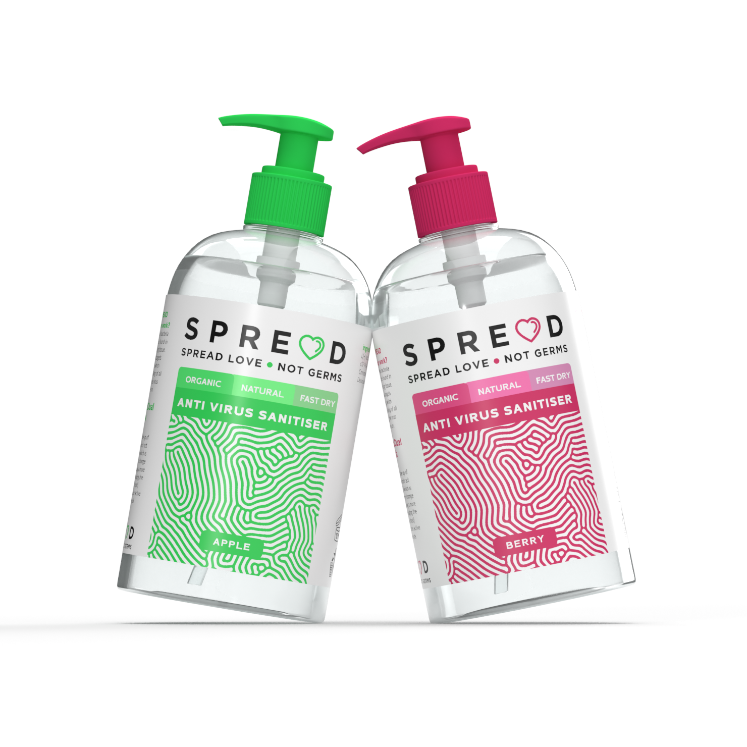 SPREAD LOVE - NOT GERMS Hand Sanitiser 3d apple berry bottle branding cosmetic design graphic design green hand hygiene illustration label logo packaging peach pink sanitizer vector wash