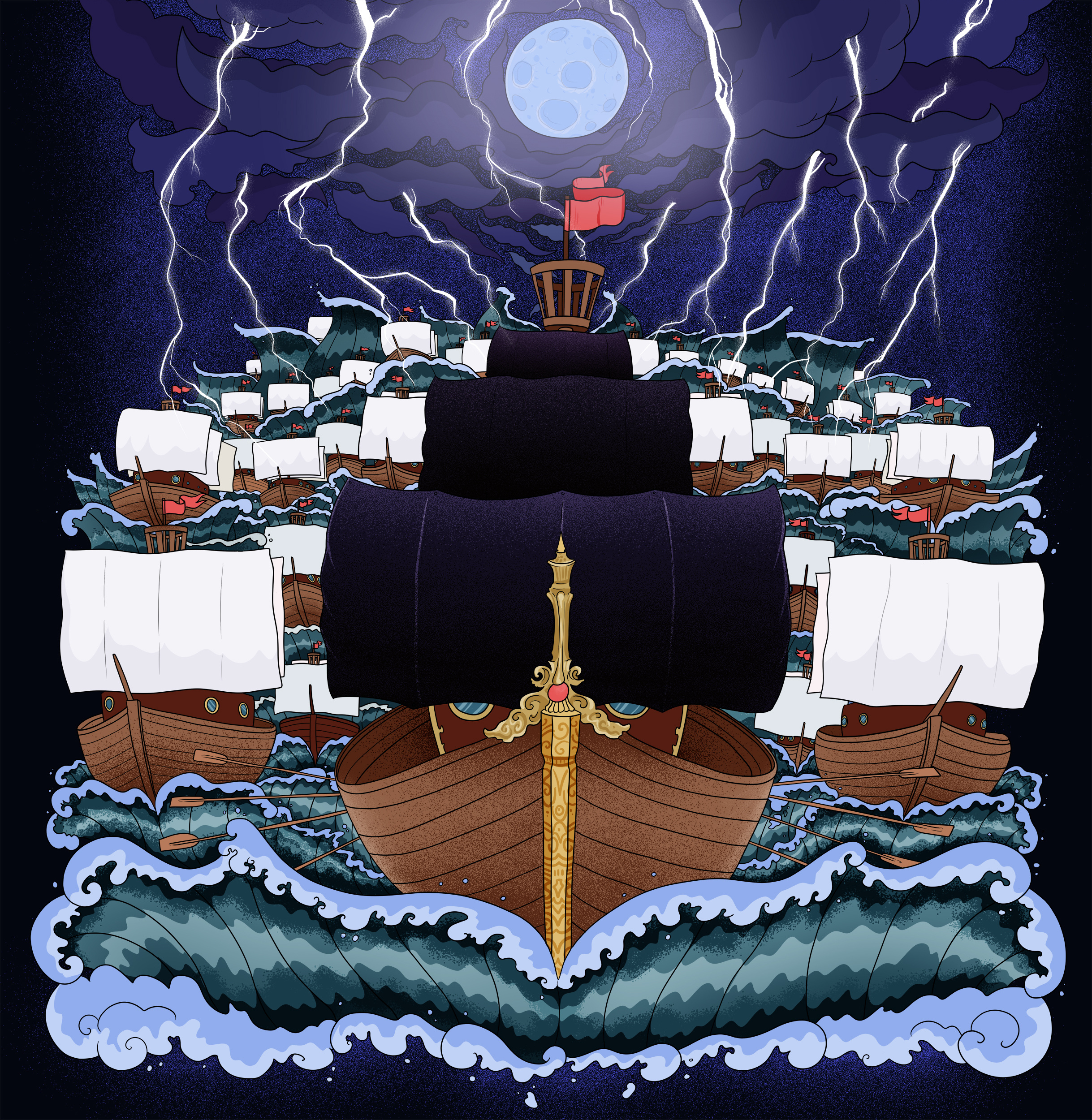 "The Big Fleet" art boat branding color pencil design draw dream fleet illustration logo pirate scene sea tee shirt vintage water ink