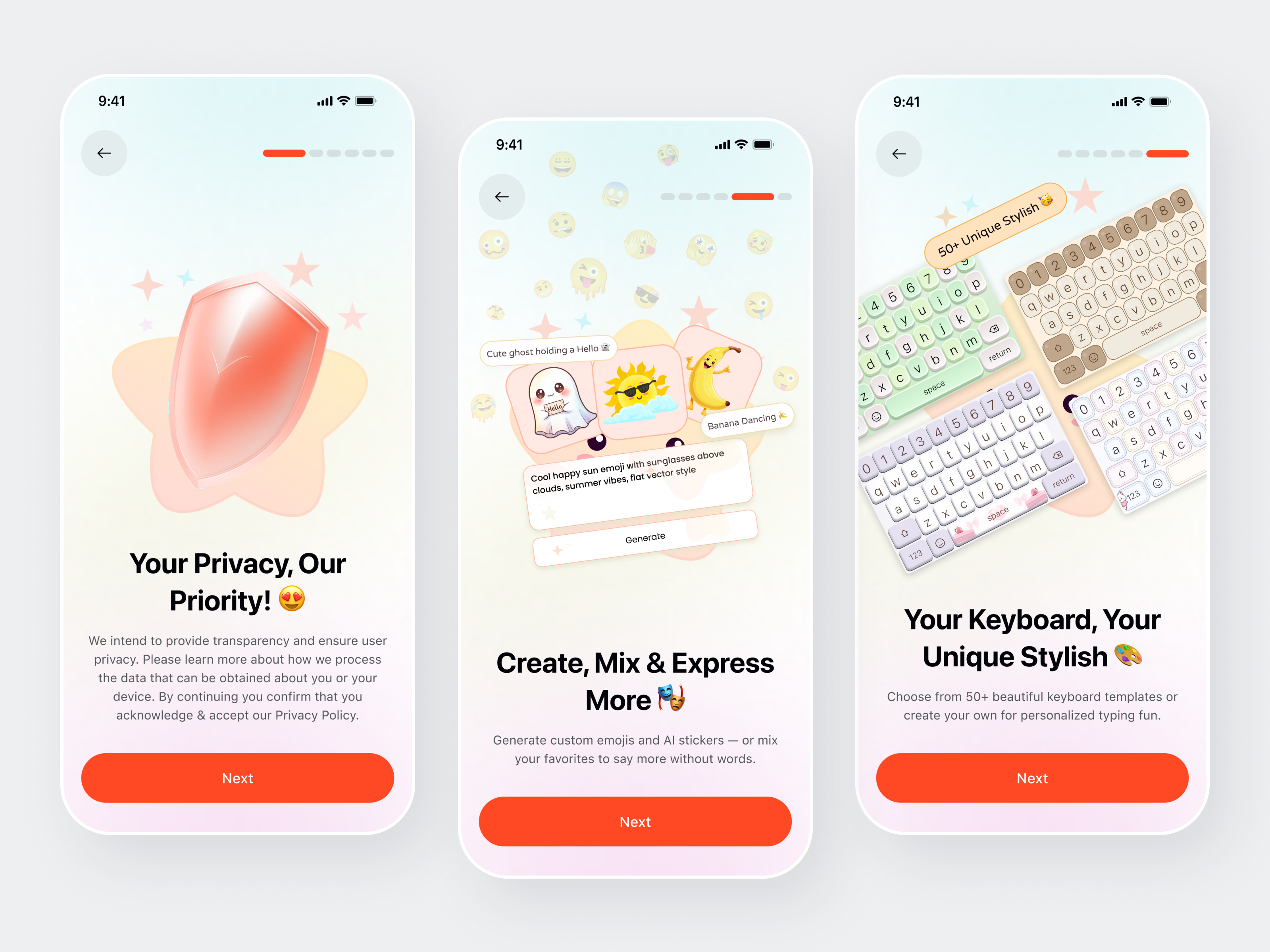 AI Keyboard App – Onboarding Screens Design ai ai emoji generator app onboarding custom keyboard emoji design emoji mix app ios keyboard ios keyboard app keyboard keyboard app mix express mobile mobile app mobile designer onboarding onboarding design onboarding screen personalization sticker design