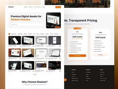 Modular – Digital Asset Marketplace UI landing page cleandesign creatordesign digitalproducts dribbble figma flatdesign interactiondesign landing page design marketplace minimalui modernui productdesign tranding design ui uidesign uiinspiration uikit uxdesign uxinspiration websiteui