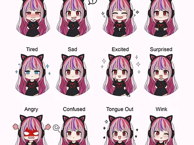 12 Pink Anime Girl with Headphone Emote Design anime anime girl artwork character character design character illustration cute anime girl design digital art emote emote design emotes emotes design gaming graphic design illustration twitch emotes