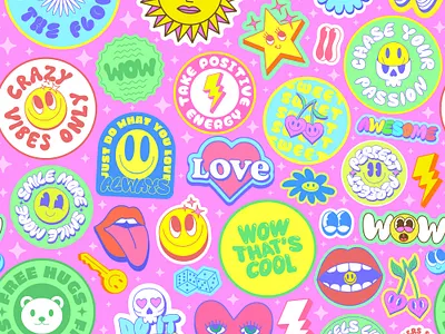 GROOVY STICKERS COLLAGE SEAMLESS PATTERN. COOL Y2K PATCHES. 90s abstract art cartoon chiildish comic cool design funky funny graphic design groovy patch pattern playful retro smile sticker vector y2k